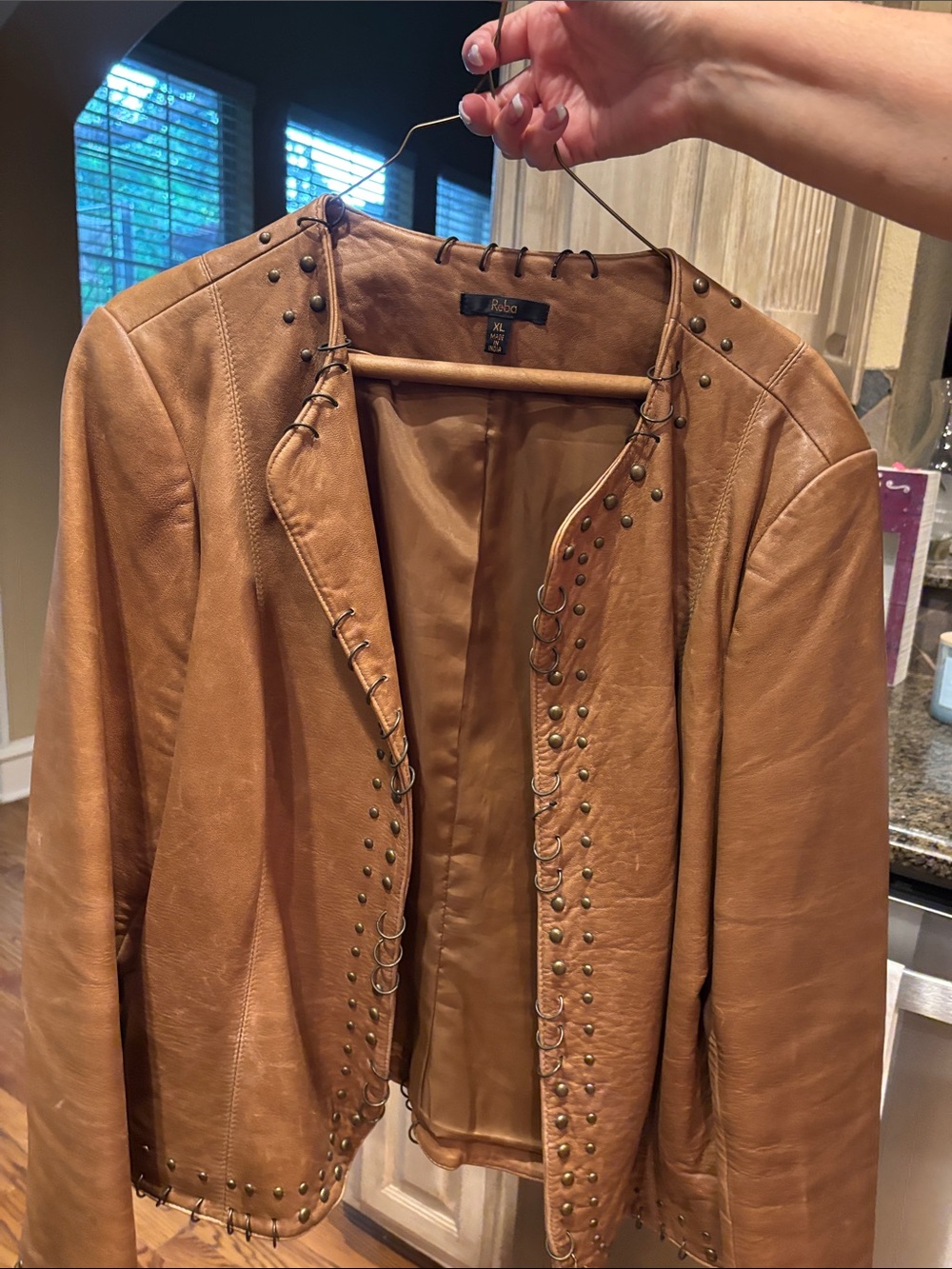 Reba Tan Leather Stud and Loop-Trim Jacket